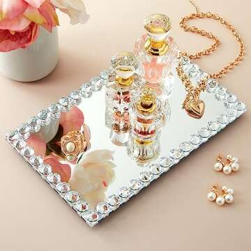 Okuna Outpost Rectangular Mirror Tray Crystal with Bead Diamond Shape Trim for Bathroom Vanity, Deco...