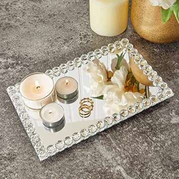 Okuna Outpost Rectangular Mirror Tray Crystal with Bead Diamond Shape Trim for Bathroom Vanity, Decorative Serving Tray for Coffee Table, Home Decor, Candles, Jewelry (9x6x1 in)