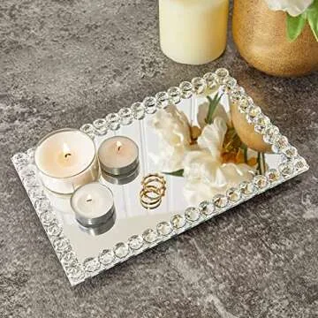 Elegant Crystal Mirror Vanity Tray with Bead Diamond Trim