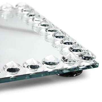 Okuna Outpost Rectangular Mirror Tray Crystal with Bead Diamond Shape Trim for Bathroom Vanity, Decorative Serving Tray for Coffee Table, Home Decor, Candles, Jewelry (9x6x1 in)