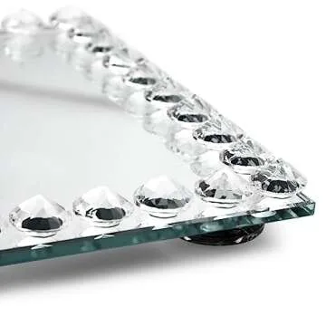 Elegant Crystal Mirror Vanity Tray with Bead Diamond Trim