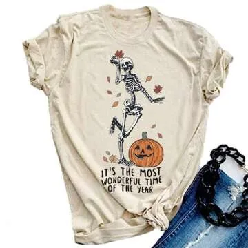 Halloween Pumpkin Shirts Women Fall T-Shirts Cute Autumn Graphic Tees Thanksgiving Tops(A-Wonderful/...