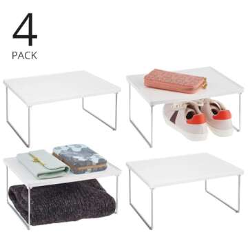 mDesign Metal Stacking Storage Organization for Shelves Inside Closet in Bedroom, Bathroom, Hall, or Entryway - Organizer Stand for Clothing, Linen, Household Items, Ligne Collection, 4 Pack - White