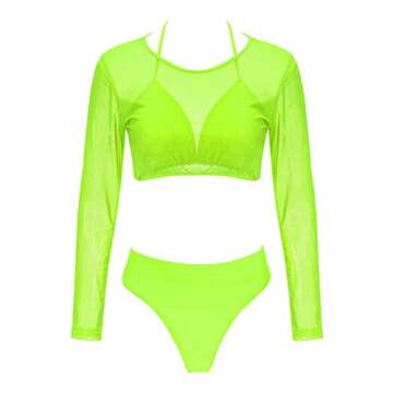Meyeeka 3PCS Bikini Set for Women Long Sleeve Crop & Triangle Bottom Sports Swimsuit XXL Lemon Green