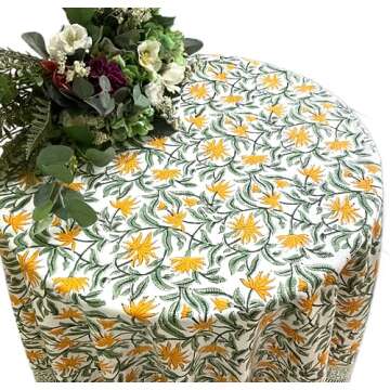 ATOSII Noor 100% Cotton Round Tablecloth, Handblock Print Floral Table Cloth for Kitchen Dining Line...