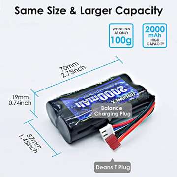 URGENEX 2000mAh 7.4 V Li-ion Battery with Deans T Plug 2S Rechargeable RC Battery Fit for WLtoys 4WD High Speed RC Cars and Most 1/10, 1/12, 1/16 Scale RC Cars Trucks with 7.4V Battery Charger