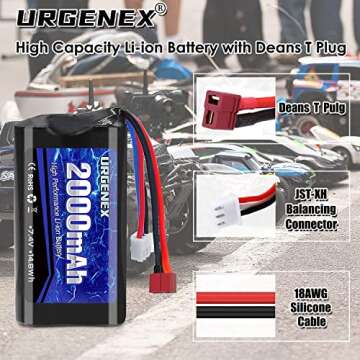 URGENEX 2000mAh 7.4 V Li-ion Battery with Deans T Plug 2S Rechargeable RC Battery Fit for WLtoys 4WD High Speed RC Cars and Most 1/10, 1/12, 1/16 Scale RC Cars Trucks with 7.4V Battery Charger