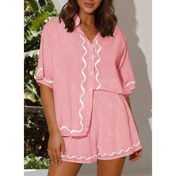 PRETTYGARDEN Women's Casual 2 Piece Outfits Summer Button Down Shirts Tops and Lounge Shorts Pajama Sets (Pink,XX-Large)