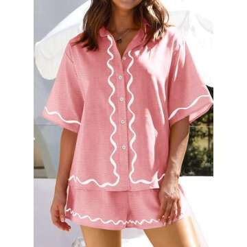 PRETTYGARDEN Women's Casual 2 Piece Outfits Summer Button Down Shirts Tops and Lounge Shorts Pajama Sets (Pink,XX-Large)