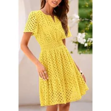 PRETTYGARDEN Womens 2025 Summer Short Dress V Neck Short Sleeve A Line Hollow Out Lace Ruffle Cute Casual Beach Party Dresses (Yellow,Large)