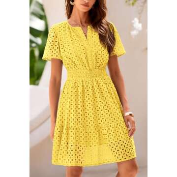 PRETTYGARDEN Womens 2025 Summer Short Dress V Neck Short Sleeve A Line Hollow Out Lace Ruffle Cute Casual Beach Party Dresses (Yellow,Large)