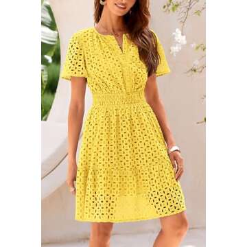 PRETTYGARDEN Womens 2025 Summer Short Dress V Neck Short Sleeve A Line Hollow Out Lace Ruffle Cute Casual Beach Party Dresses (Yellow,Large)