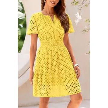 PRETTYGARDEN Womens 2025 Summer Short Dress V Neck Short Sleeve A Line Hollow Out Lace Ruffle Cute Casual Beach Party Dresses (Yellow,Large)