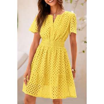 PRETTYGARDEN Womens 2025 Summer Short Dress V Neck Short Sleeve A Line Hollow Out Lace Ruffle Cute Casual Beach Party Dresses (Yellow,Large)