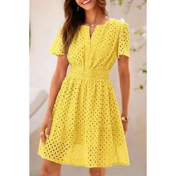 PRETTYGARDEN Womens 2025 Summer Short Dress V Neck Short Sleeve A Line Hollow Out Lace Ruffle Cute Casual Beach Party Dresses (Yellow,Large)