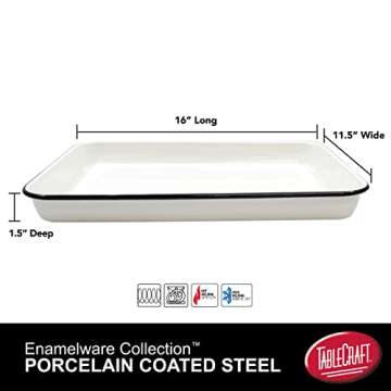 Tablecraft Enamelware Collection Black Rim Solid White Enamel Baking Cookie Sheet Jelly Roll Pan, Ho...