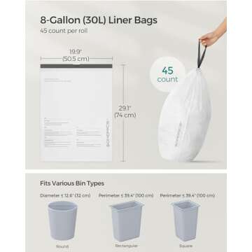 SONGMICS Trash Bags for 8-Gallon (30L) Trash Cans, 90 Count Drawstring Kitchen Garbage Bags, Pre-Separated, Liner Code 30A, 2 Rolls, White UKRB30A02