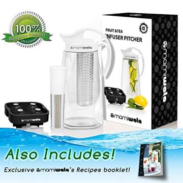 Fruit And Tea Infusion Water Pitcher - Ice Ball Maker - Infused Water Recipe eBook - Includes Shatterproof Jug, Fruit Infuser and Tea Infuser - White