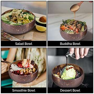 FACHIKO SUPERMOMS Coconut Bowl and Spoon Set – Sustainable and Organic Option for Smoothie Bowls, Acai, Buddha and Salad Bowls – Benefits the People and Our Planet While Promoting a Healthy Lifestyle