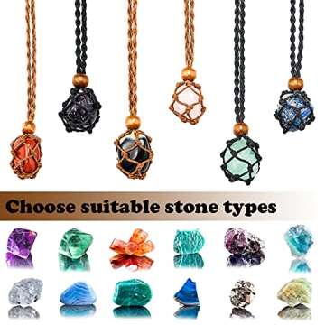 Hicarer 6 Pieces Necklace Cord Empty Stone Holder Empty Necklace Holder Quartz Crystal Stone Cord, 3 Sizes Adjustable Cage Fish Netted for DIY Jewelry Making(Black,Brown)