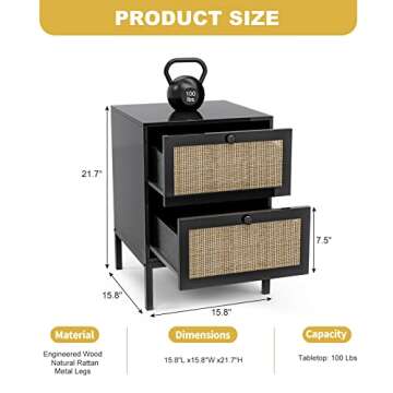 IKIFLY Rattan Nightstand Set of 2, End Side Table with 2 Handmade Natural Rattan Drawers, Accent Bedside Table with Storage for Bedroom, Living Room, Black
