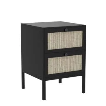 IKIFLY Rattan Nightstand Set of 2, End Side Table with 2 Handmade Natural Rattan Drawers, Accent Bedside Table with Storage for Bedroom, Living Room, Black