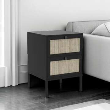 IKIFLY Rattan Nightstand Set of 2, End Side Table with 2 Handmade Natural Rattan Drawers, Accent Bedside Table with Storage for Bedroom, Living Room, Black