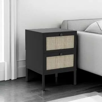 IKIFLY Rattan Nightstand Set of 2, End Side Table with 2 Handmade Natural Rattan Drawers, Accent Bedside Table with Storage for Bedroom, Living Room, Black