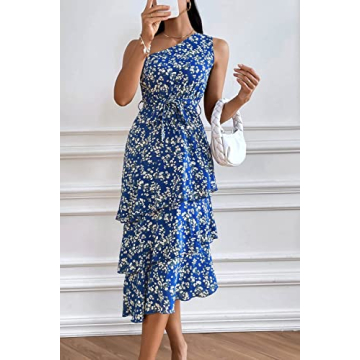 PRETTYGARDEN Women's Summer Floral Sundress Casual One Shoulder Tiered Ruffle Flowy Midi Beach Boho Dresses (Floral Royal Blue White,X-Large)