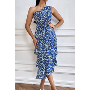 PRETTYGARDEN Women's Summer Floral Sundress Casual One Shoulder Tiered Ruffle Flowy Midi Beach Boho Dresses (Floral Royal Blue White,X-Large)