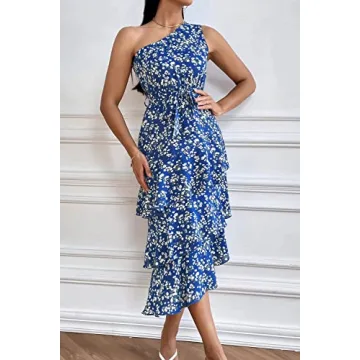 PRETTYGARDEN Women's Summer Floral Sundress Casual One Shoulder Tiered Ruffle Flowy Midi Beach Boho Dresses (Floral Royal Blue White,X-Large)