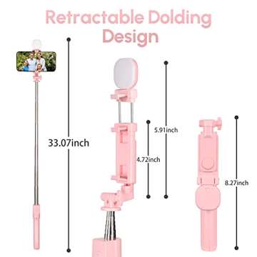 Selfie Stick & Phone Tripod,MQOUNY Portable Selfie Fill Light,Portable All-in-One Professional Travel Tripod with Remote, Compatible with Android/iPhone (Pink ONE)