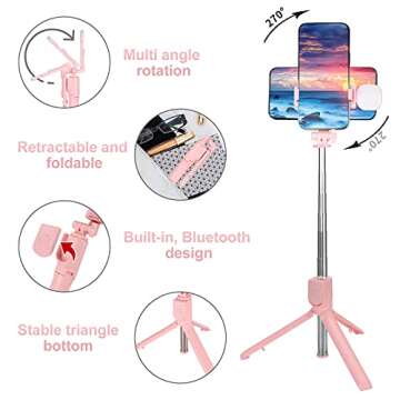 Selfie Stick & Phone Tripod,MQOUNY Portable Selfie Fill Light,Portable All-in-One Professional Travel Tripod with Remote, Compatible with Android/iPhone (Pink ONE)