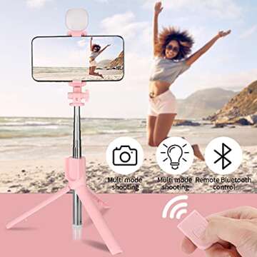 Selfie Stick & Phone Tripod,MQOUNY Portable Selfie Fill Light,Portable All-in-One Professional Travel Tripod with Remote, Compatible with Android/iPhone (Pink ONE)