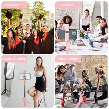 Selfie Stick & Phone Tripod,MQOUNY Portable Selfie Fill Light,Portable All-in-One Professional Travel Tripod with Remote, Compatible with Android/iPhone (Pink ONE)