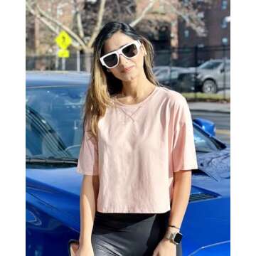 G4Free Crop Workout Tops for Women Loose Gym Shirts Short Sleeve Cropped Athletic Tshirt Basic Boxy Running Tee Athleisure(Pink,M)