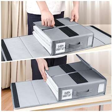 BIKTIC Foldable Bed Sheet Set Organizer,2-Pack with Zipper for Queen or King Sheets, Duvet Covers, and Pillowcases, Linen Closet Organizer for Bedding Clothes Towels