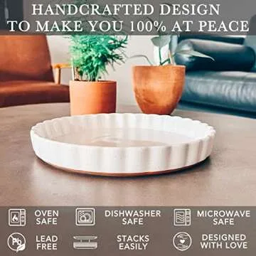 Mora Ceramic Tart Pan, 9.5 Inch Large Porcelain Baking Dish for Tarts, Quiche, Pie, Flan etc. Fluted Ruffled Edge, Oven, Microwave, Freezer, and Dishwasher safe - Great Gift For Bakers - Vanilla White