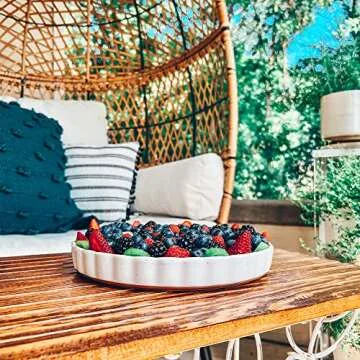 Mora Ceramic Tart Pan, 9.5 Inch Large Porcelain Baking Dish for Tarts, Quiche, Pie, Flan etc. Fluted Ruffled Edge, Oven, Microwave, Freezer, and Dishwasher safe - Great Gift For Bakers - Vanilla White