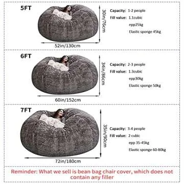 Giant Fur Bean Bag Chair Cover for Kids Adults, (No Filler) Living Room Furniture Big Round Soft Flu...