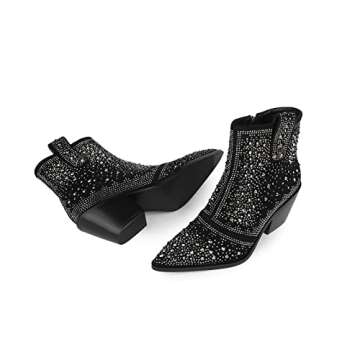 ISNOM Rhinestone Boots Cowboy Boots for Women, Sparkly Boots Short Cowgirl Boots Black Ankle Boots Block Heel Western Glitter Booties Crystal Rhinestone Combat Boots