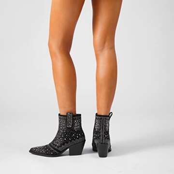 ISNOM Rhinestone Boots Cowboy Boots for Women, Sparkly Boots Short Cowgirl Boots Black Ankle Boots Block Heel Western Glitter Booties Crystal Rhinestone Combat Boots