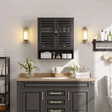 SMIBUY Bathroom Cabinet Wall Mounted, Bamboo Over-The-Toilet Storage Organizer, Space Saver Medicine Cabinet with 2 Door and Adjustable Shelves (Black)