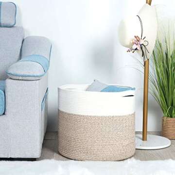 MINTWOOD Design Large 17 x 15 Inches Decorative Cotton Rope Basket, Blanket Basket Living Room, Laundry Basket, Woven Basket, Toy Storage Baskets Bin, Round Large Basket for Pillows, Throws, Towels