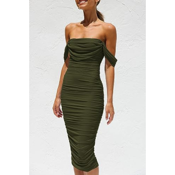 PRETTYGARDEN Off The Shoulder Ruched Midi Dress