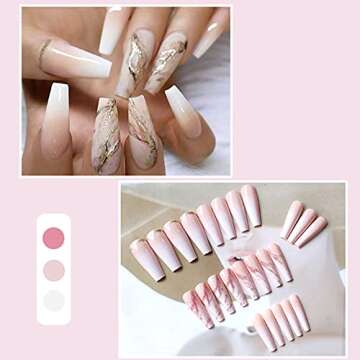 YoYoee Nude Press On Nails Coffin Long Fake Nails Acrylic Gradient False Nails Marble Full Cover Sti...