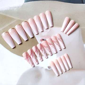 YoYoee Nude Press On Nails Coffin Long Fake Nails Acrylic Gradient False Nails Marble Full Cover Stick On Nails for Women and Girls (24 PCS)