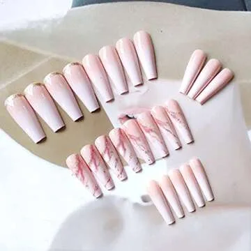 YoYoee Nude Press On Nails Coffin Long Fake Nails Acrylic Gradient False Nails Marble Full Cover Stick On Nails for Women and Girls (24 PCS)