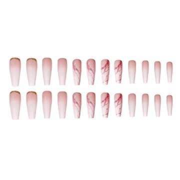 YoYoee Nude Press On Nails Coffin Long Fake Nails Acrylic Gradient False Nails Marble Full Cover Stick On Nails for Women and Girls (24 PCS)