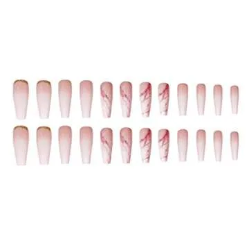 YoYoee Nude Press On Nails Coffin Long Fake Nails Acrylic Gradient False Nails Marble Full Cover Stick On Nails for Women and Girls (24 PCS)